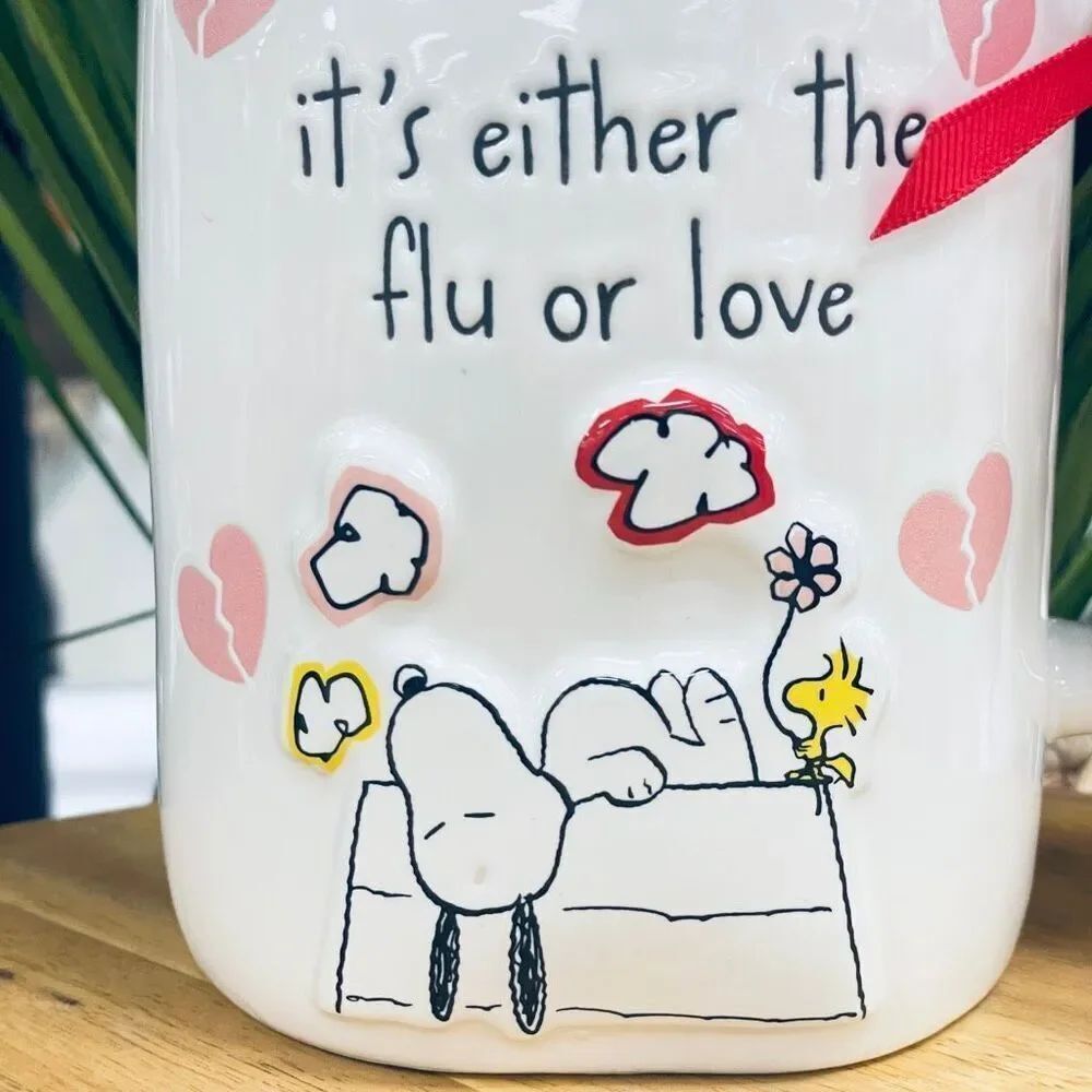NWT Gorgeous Rae Dunn Peanuts It's either the flu or love Double Sided Pink Mug - Picture 12 of 16